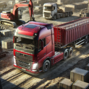 Camion rouge sur un chantier de construction, entouré de matériel et d'équipements industriels.