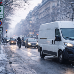 Fourgon de livraison urbain en hiver circulant en centre-ville, trafic dense, ambiance matinale et conditions froides